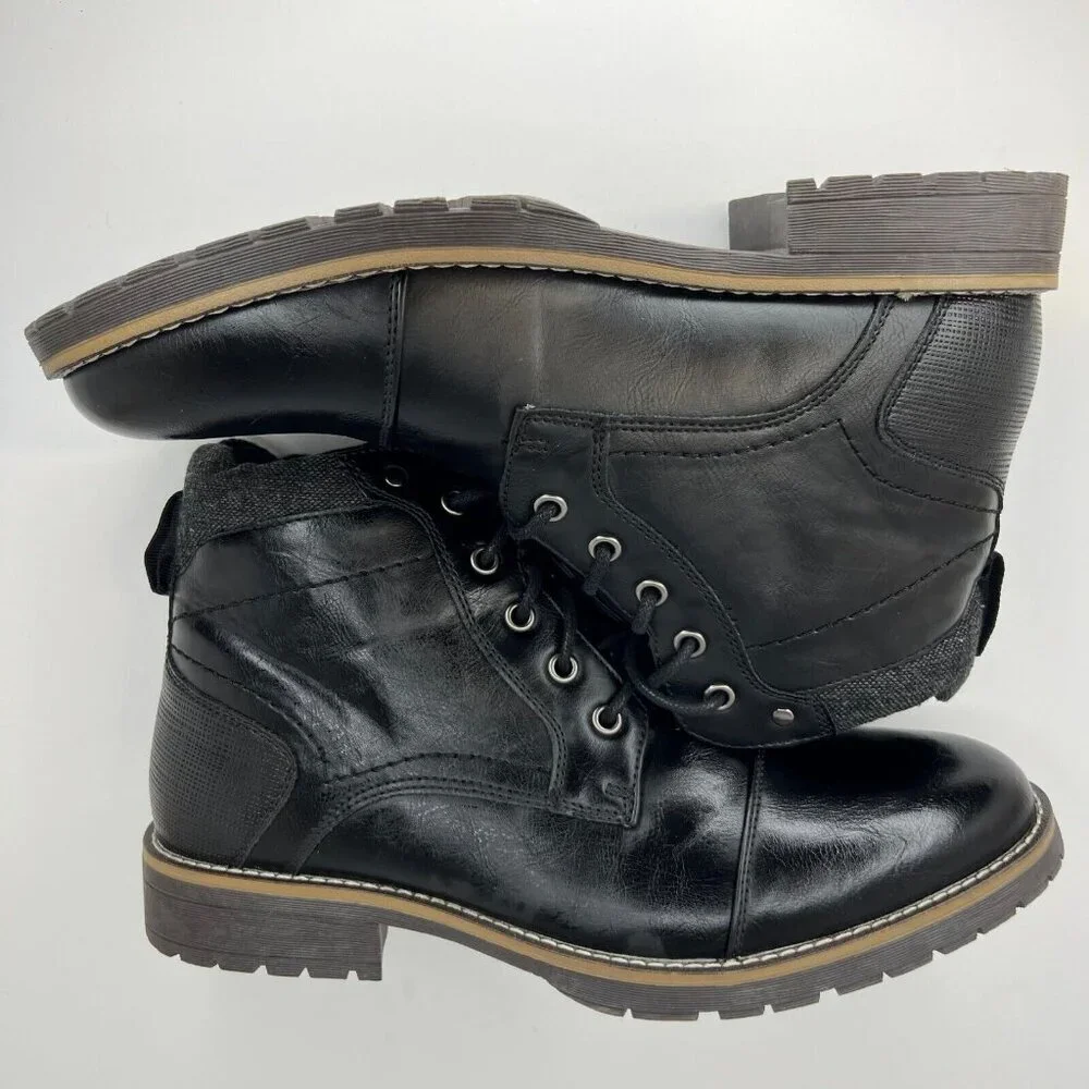 Vostey Mens BMY8079 Black Leather Solid Lace Up Size 10 Motorcycle Combat Shoes